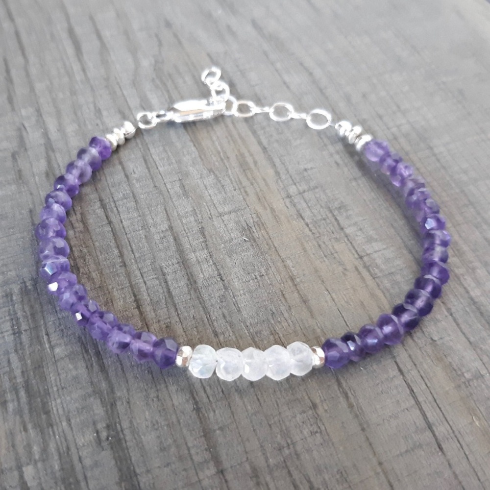 Amethyst & Rainbow Moonstone bracelet purple Genuine Gemstone sterling silver - Picture 1 of 3